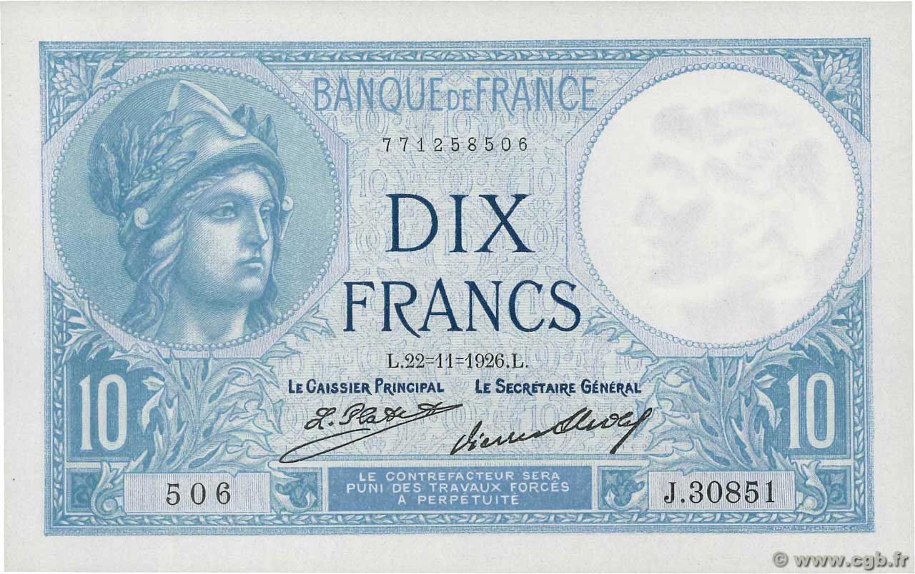 10 Francs MINERVE FRANCE  1926 F.06.11 NEUF