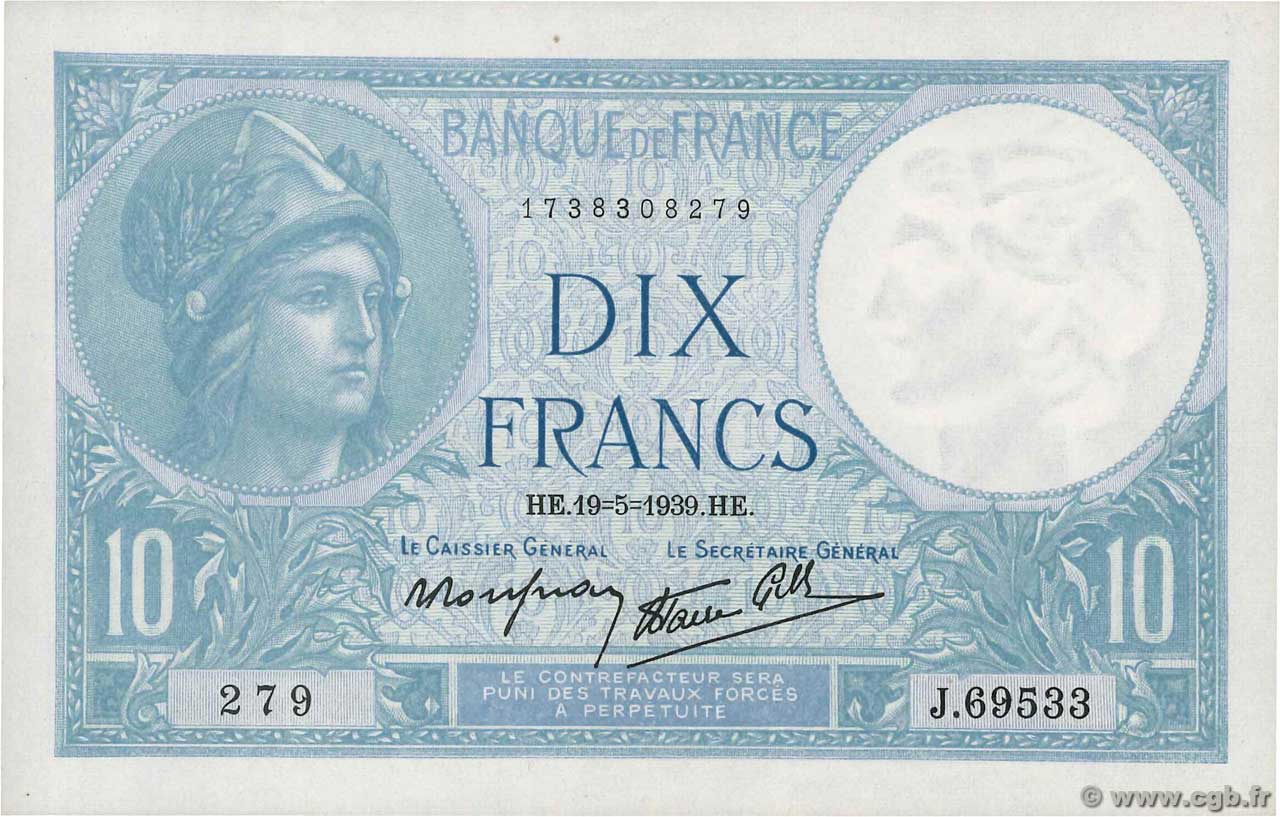 10 Francs MINERVE modifié FRANCE  1939 F.07.03 pr.NEUF