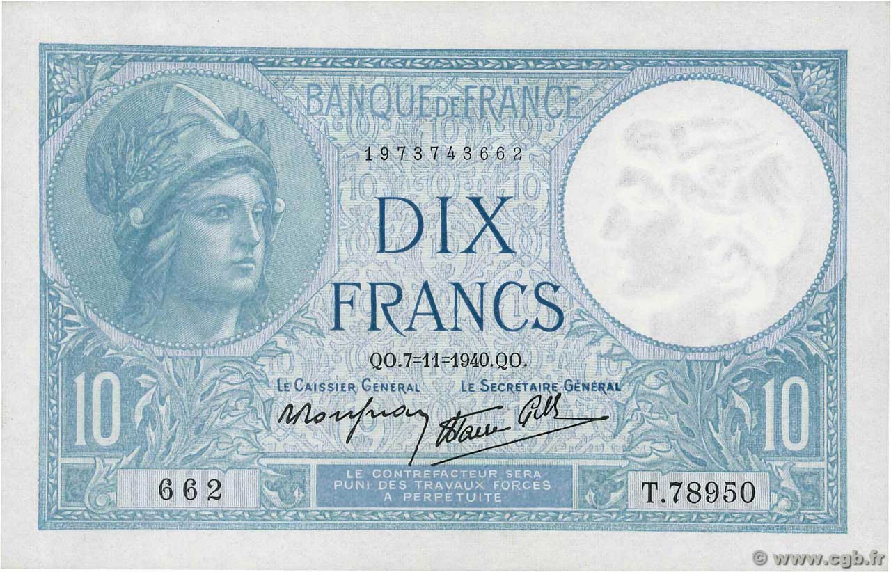 10 Francs MINERVE modifié FRANCE  1940 F.07.19 NEUF
