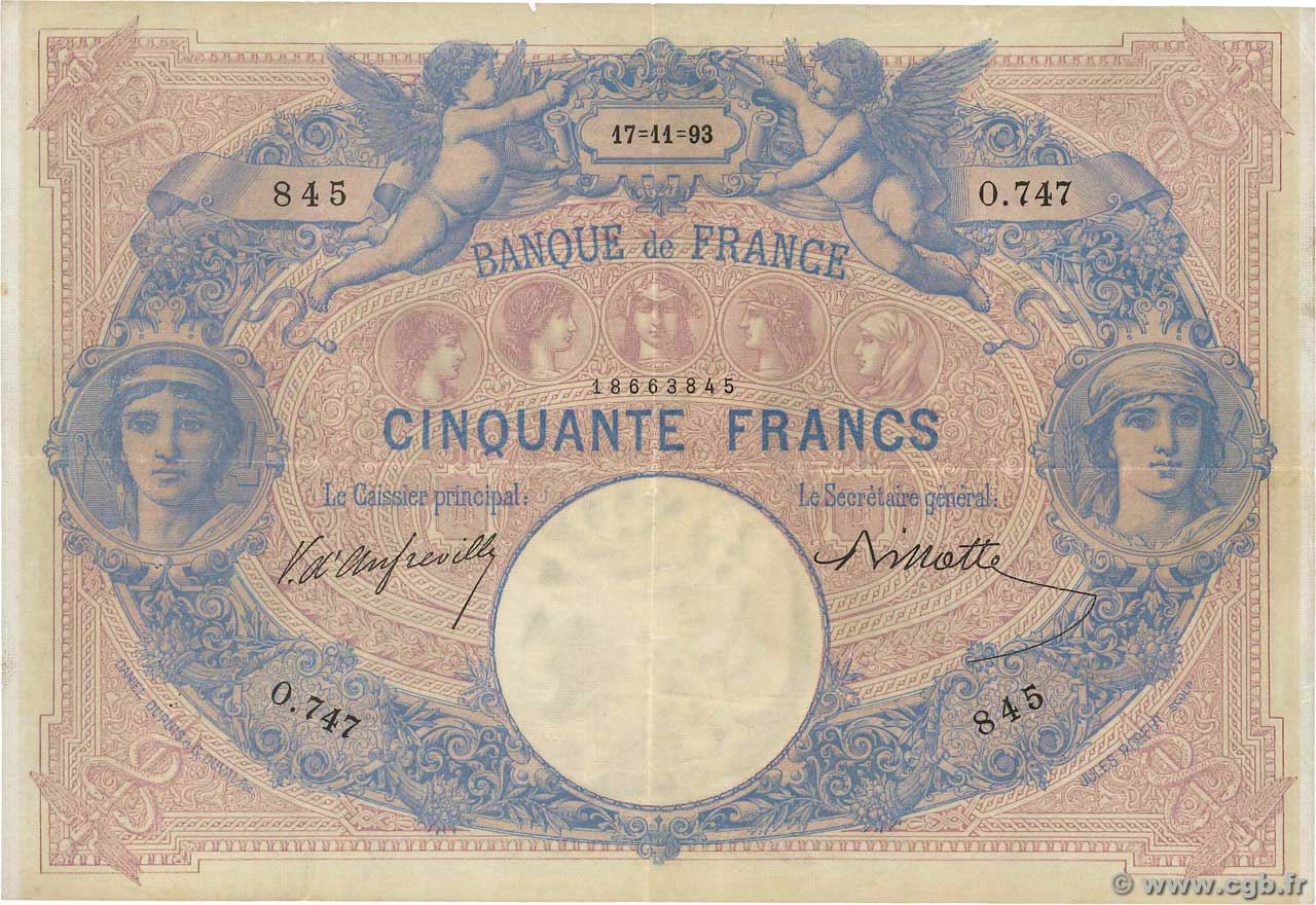 50 Francs BLEU ET ROSE FRANCE  1893 F.14.05 TTB