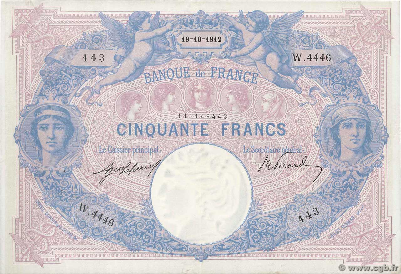 50 Francs BLEU ET ROSE FRANCIA  1912 F.14.25 q.SPL