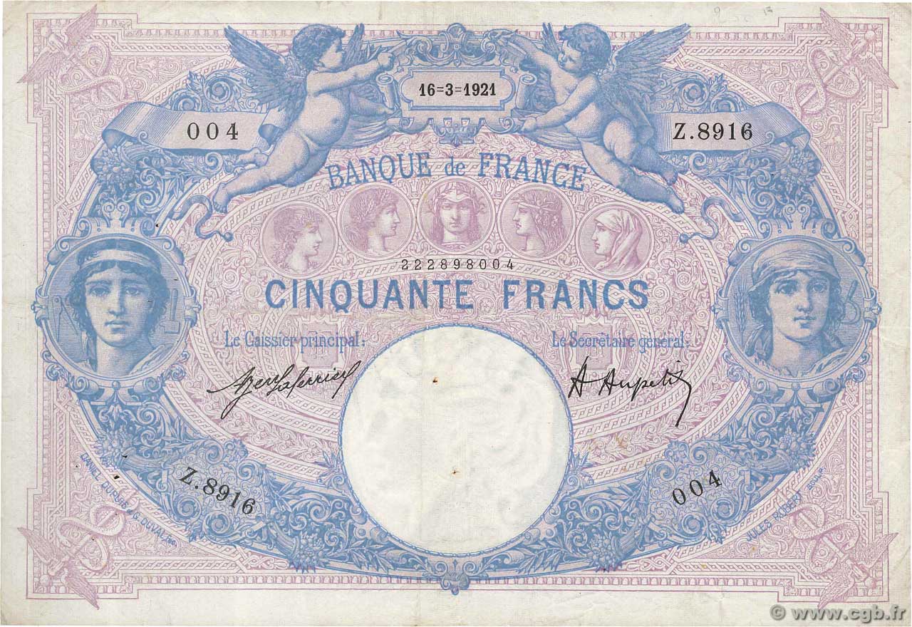 50 Francs BLEU ET ROSE FRANCE  1921 F.14.34 VF-