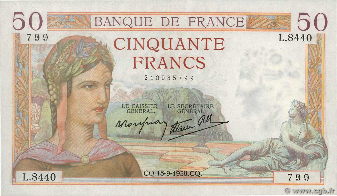 50 Francs CÉRÈS modifié FRANKREICH  1938 F.18.14 VZ+