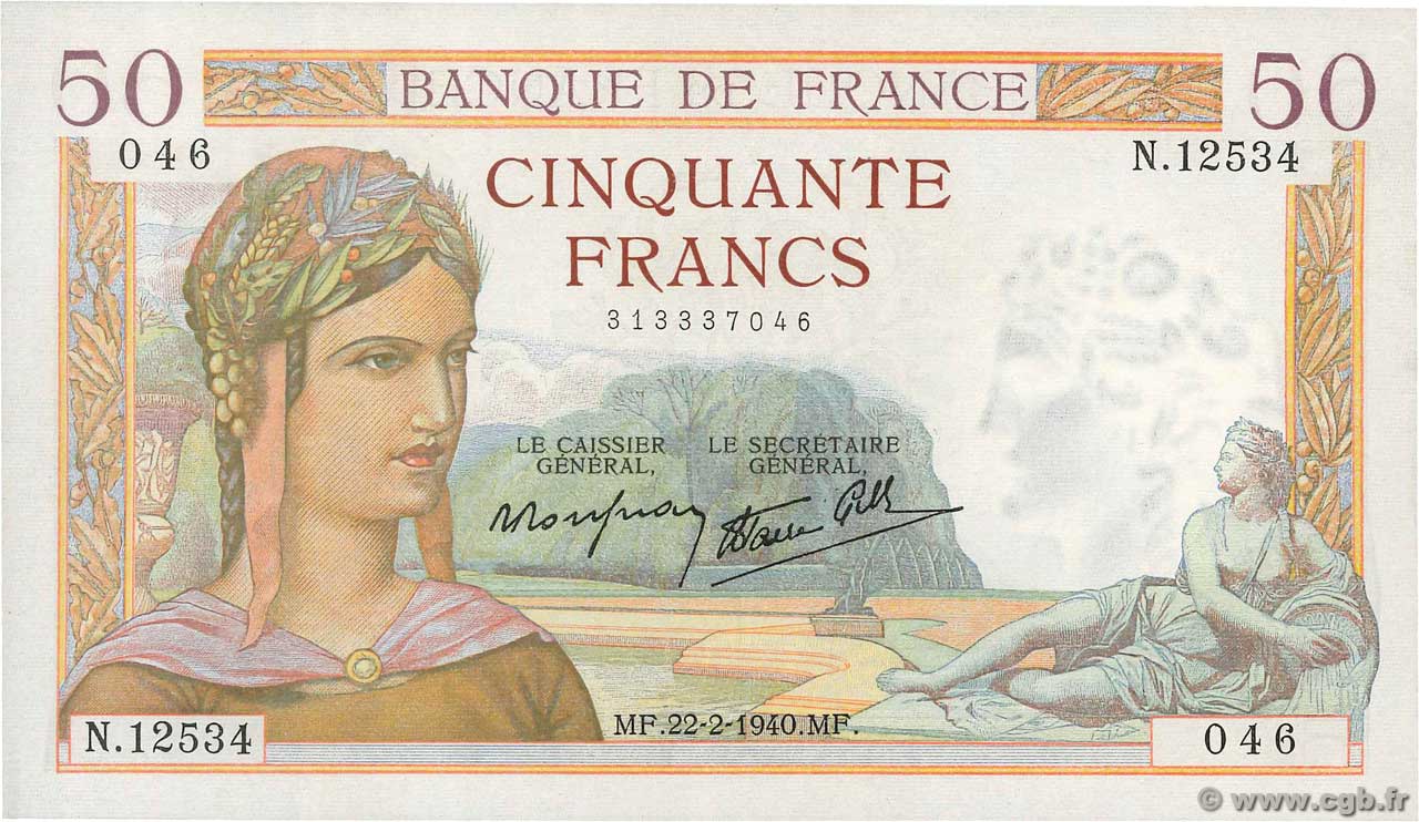 50 Francs CÉRÈS modifié FRANCE  1940 F.18.39 AU+