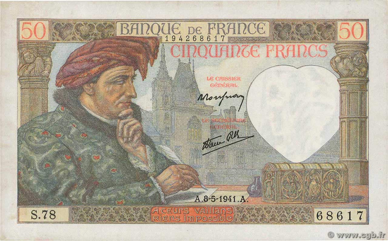 50 Francs JACQUES CŒUR FRANKREICH  1941 F.19.10 fST