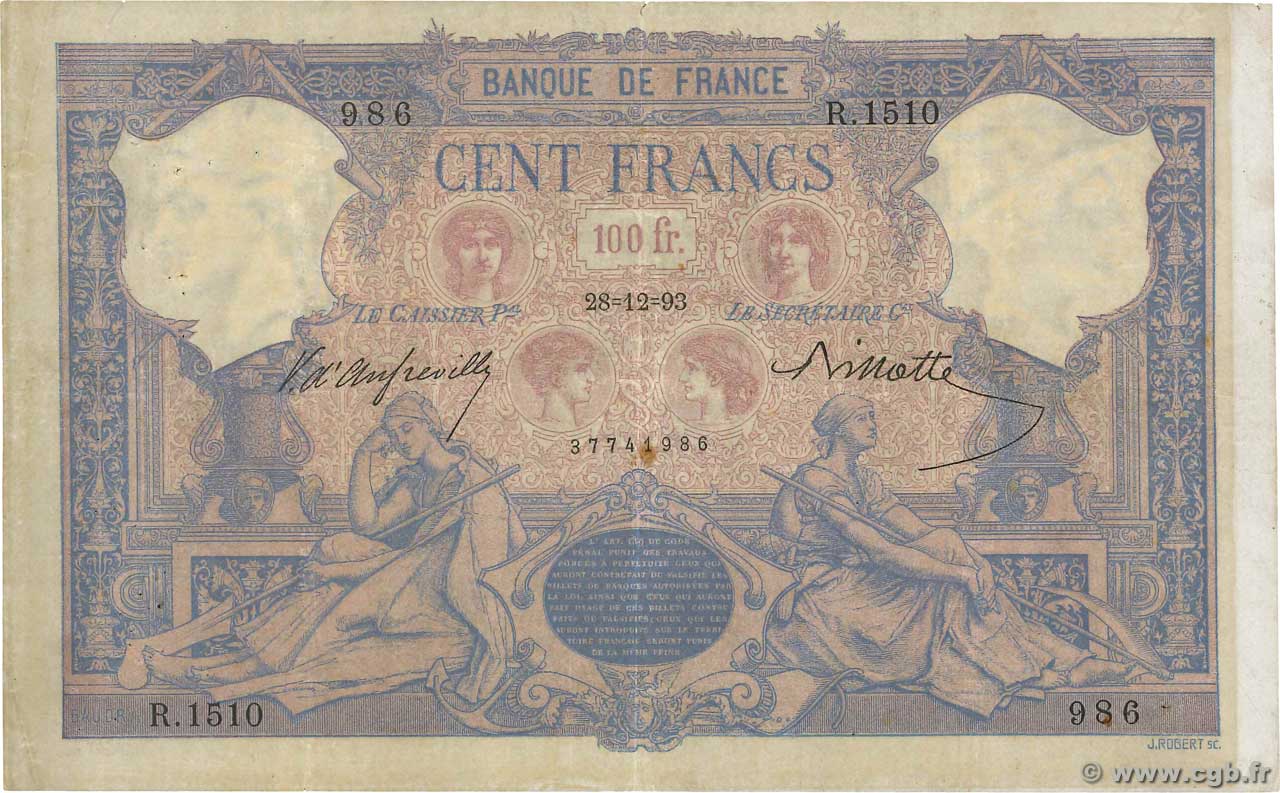 100 Francs BLEU ET ROSE FRANCIA  1893 F.21.06 MB