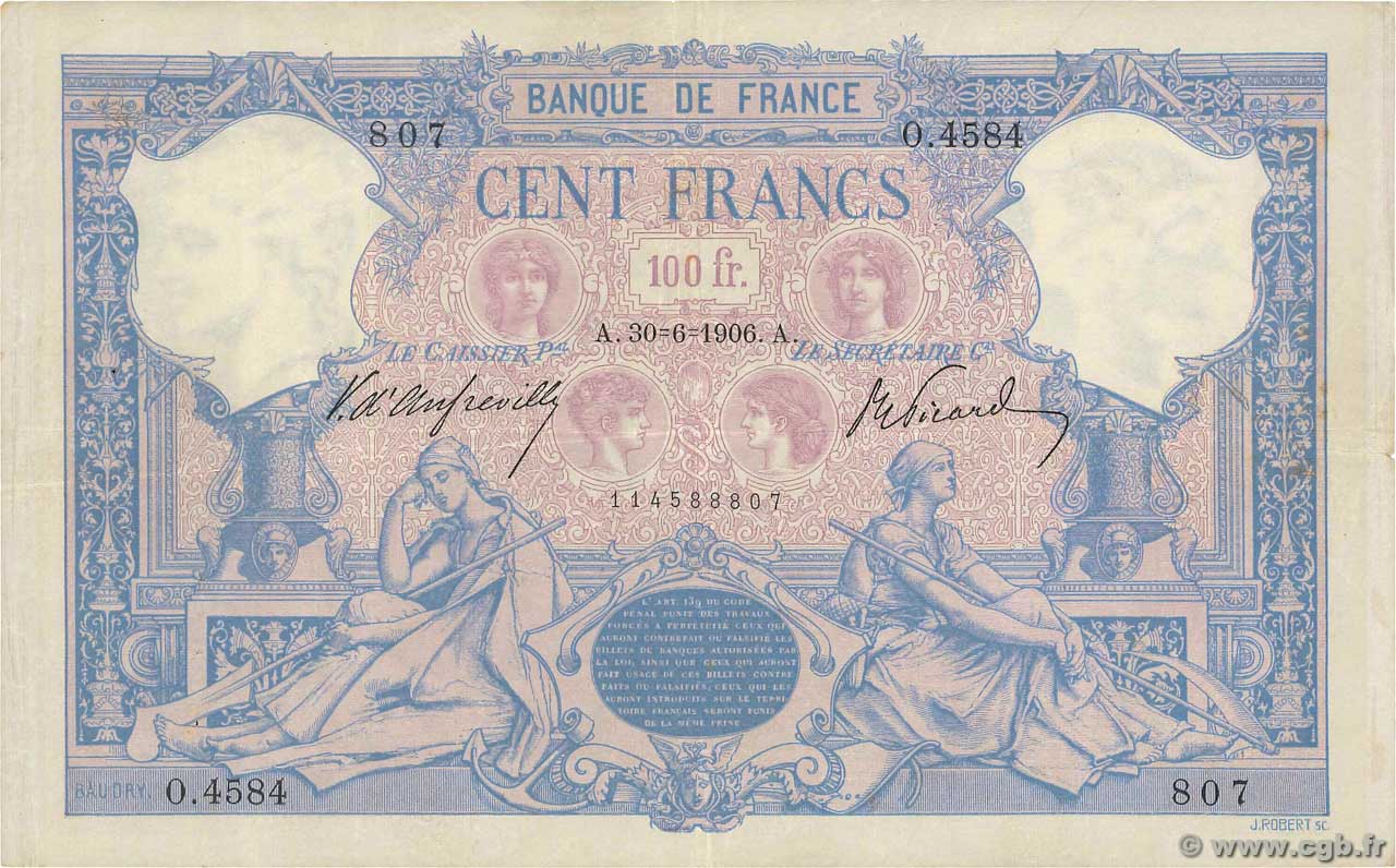 100 Francs BLEU ET ROSE FRANCE  1906 F.21.20 VF