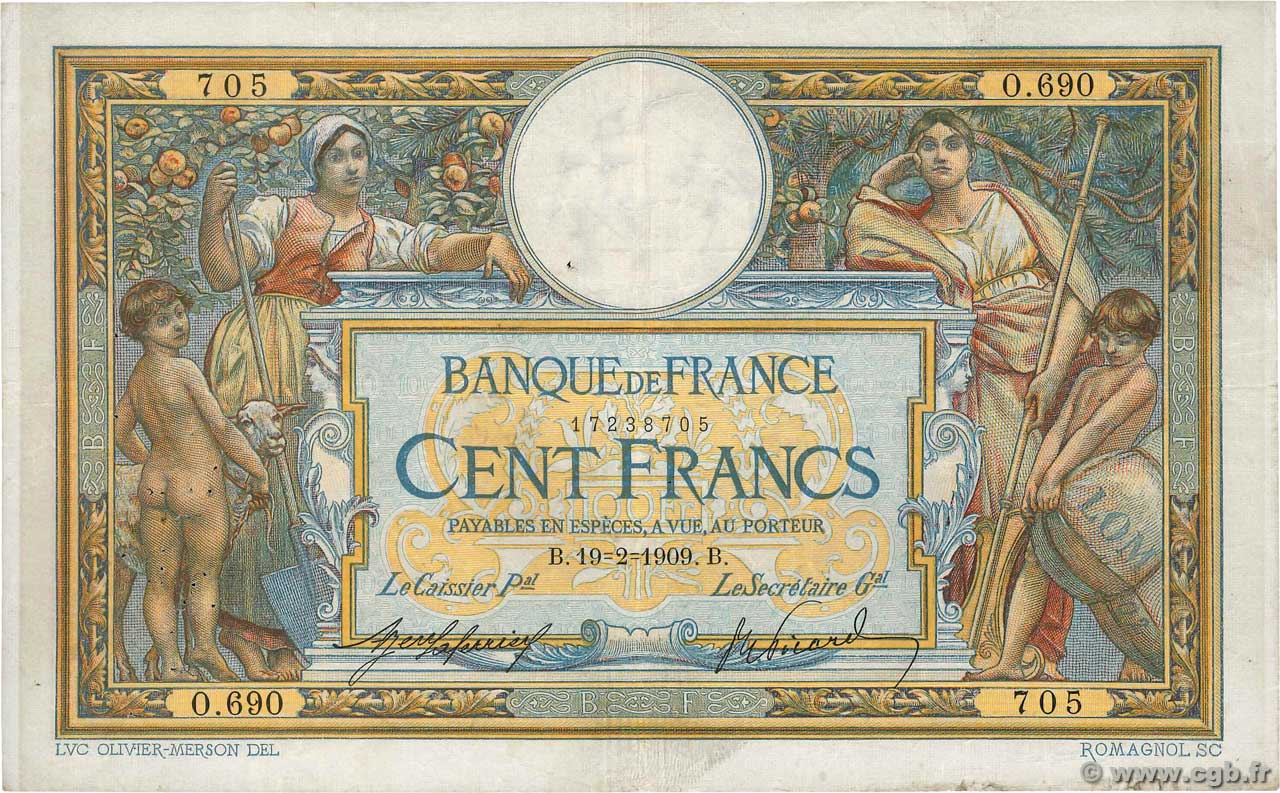 100 Francs LUC OLIVIER MERSON avec LOM FRANCE  1909 F.22.02 F+
