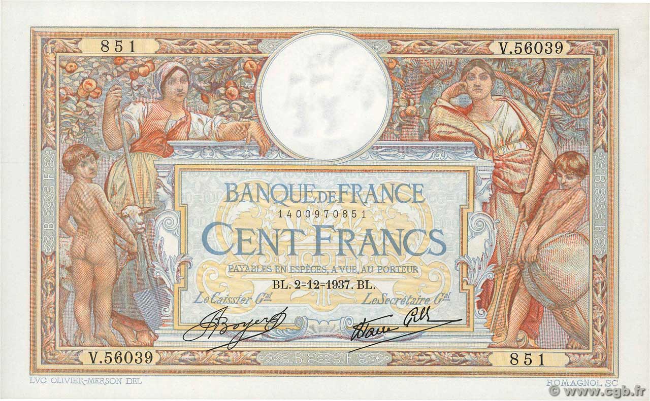 100 Francs LUC OLIVIER MERSON type modifié FRANKREICH  1937 F.25.04 fST