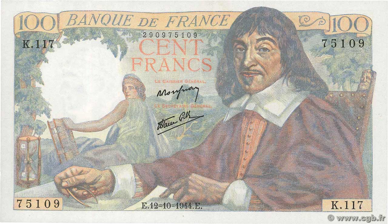 100 Francs DESCARTES FRANCE  1944 F.27.08 SPL