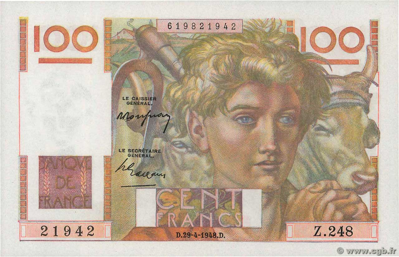 100 Francs JEUNE PAYSAN FRANCE  1948 F.28.18 pr.NEUF