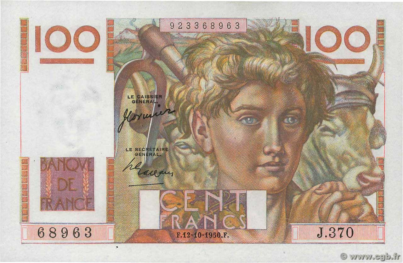 100 Francs JEUNE PAYSAN FRANCIA  1950 F.28.27 q.FDC