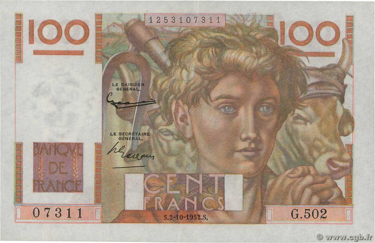 100 Francs JEUNE PAYSAN filigrane inversé FRANCIA  1952 F.28bis.01 SC