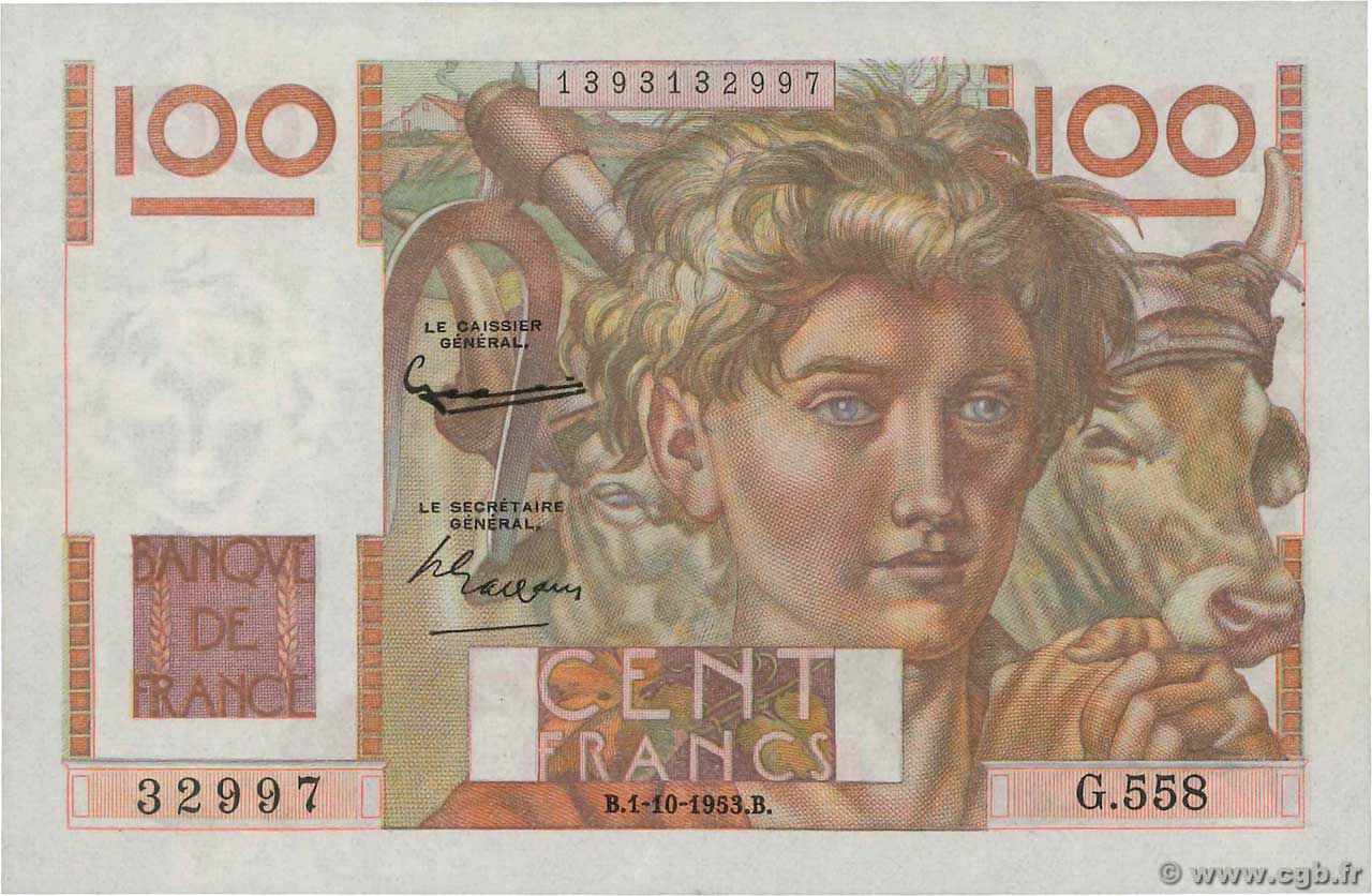 100 Francs JEUNE PAYSAN filigrane inversé FRANCIA  1953 F.28bis.03 SPL+