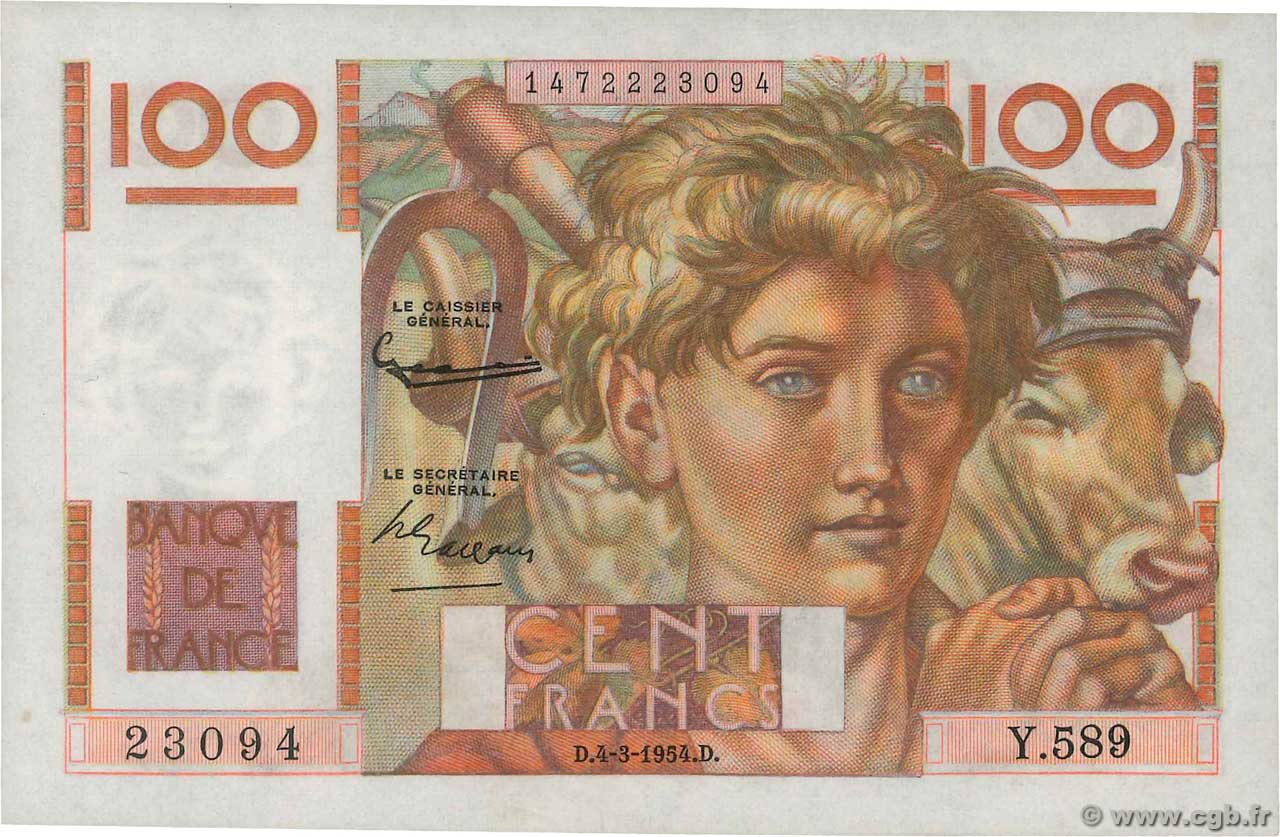 100 Francs JEUNE PAYSAN filigrane inversé FRANCE  1954 F.28bis.05 UNC-