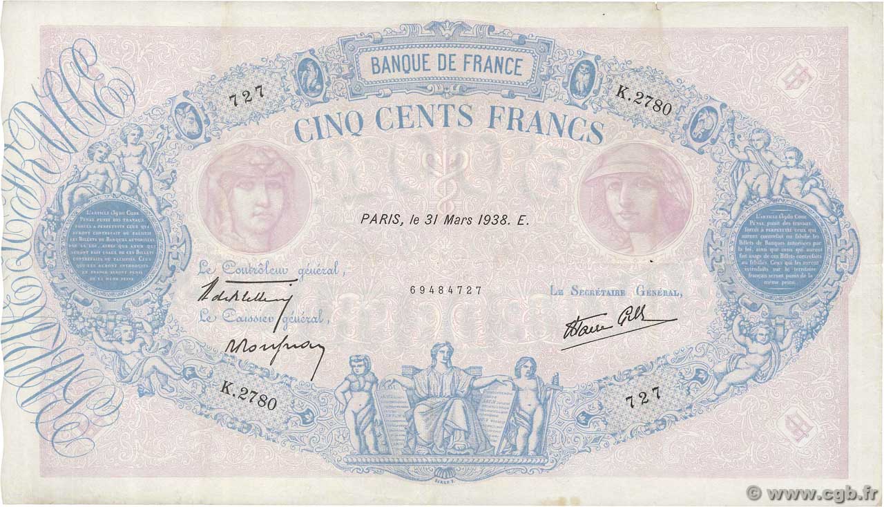 500 Francs BLEU ET ROSE modifié FRANCIA  1938 F.31.07 BC+