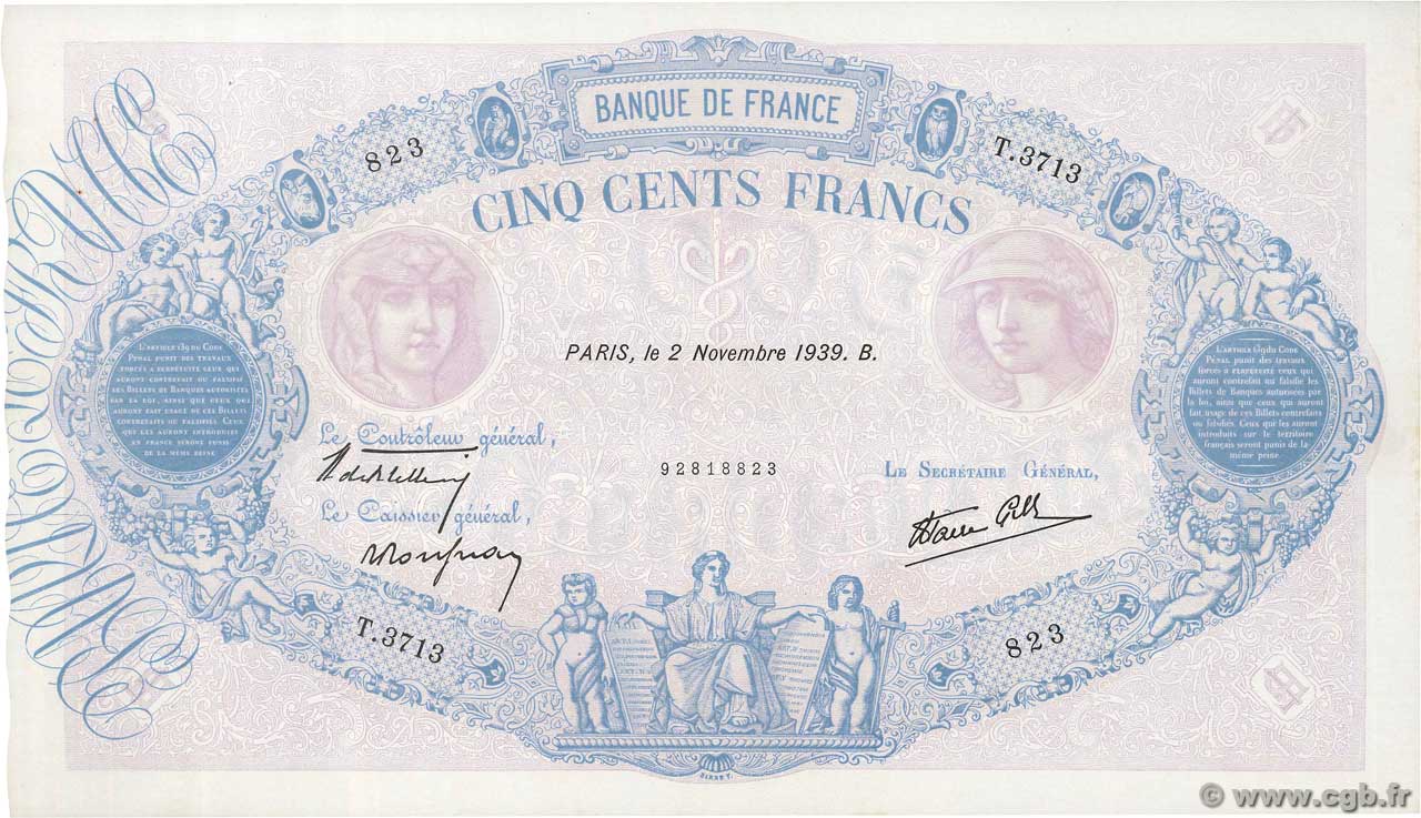 500 Francs BLEU ET ROSE modifié FRANCE  1939 F.31.46 AU