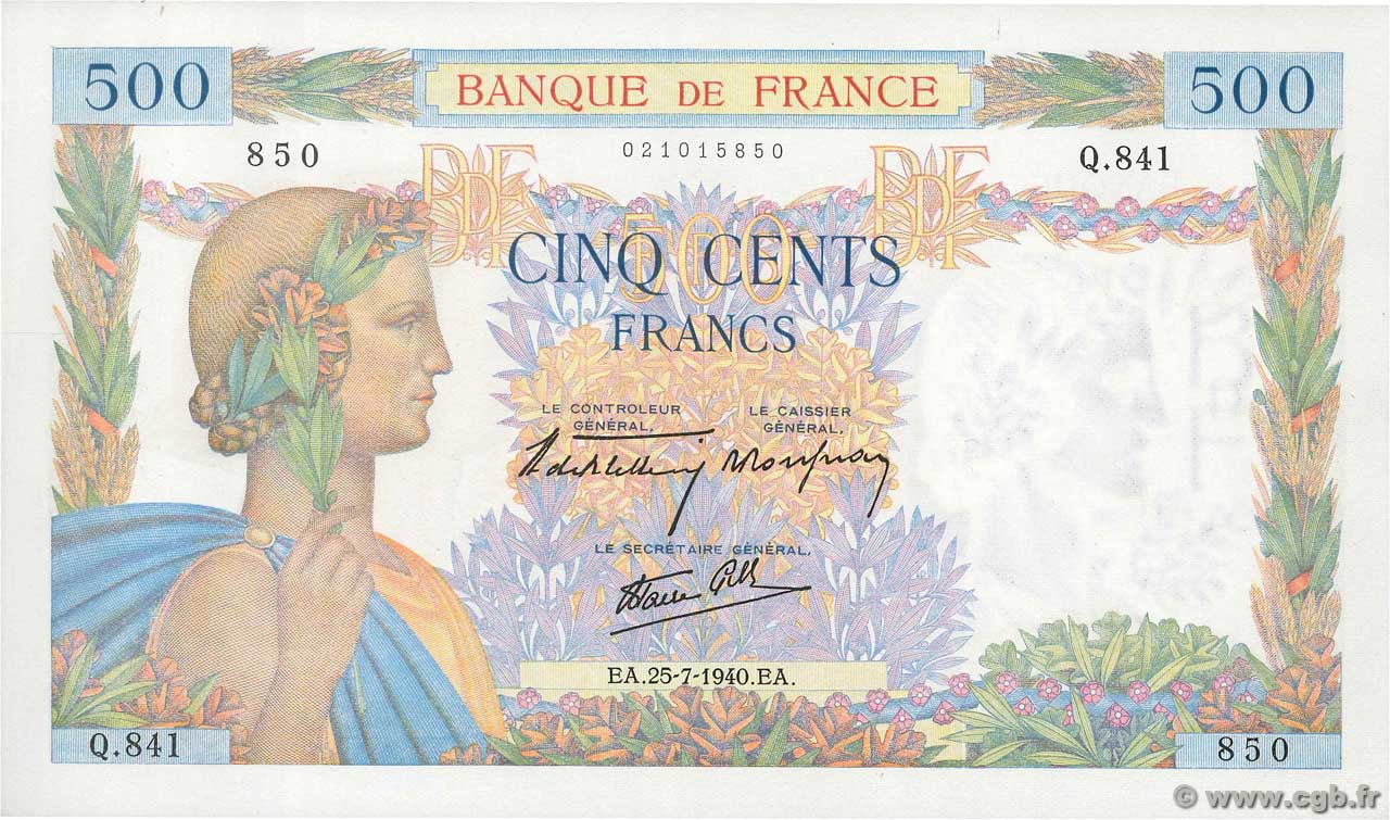 500 Francs LA PAIX FRANCIA  1940 F.32.05 FDC