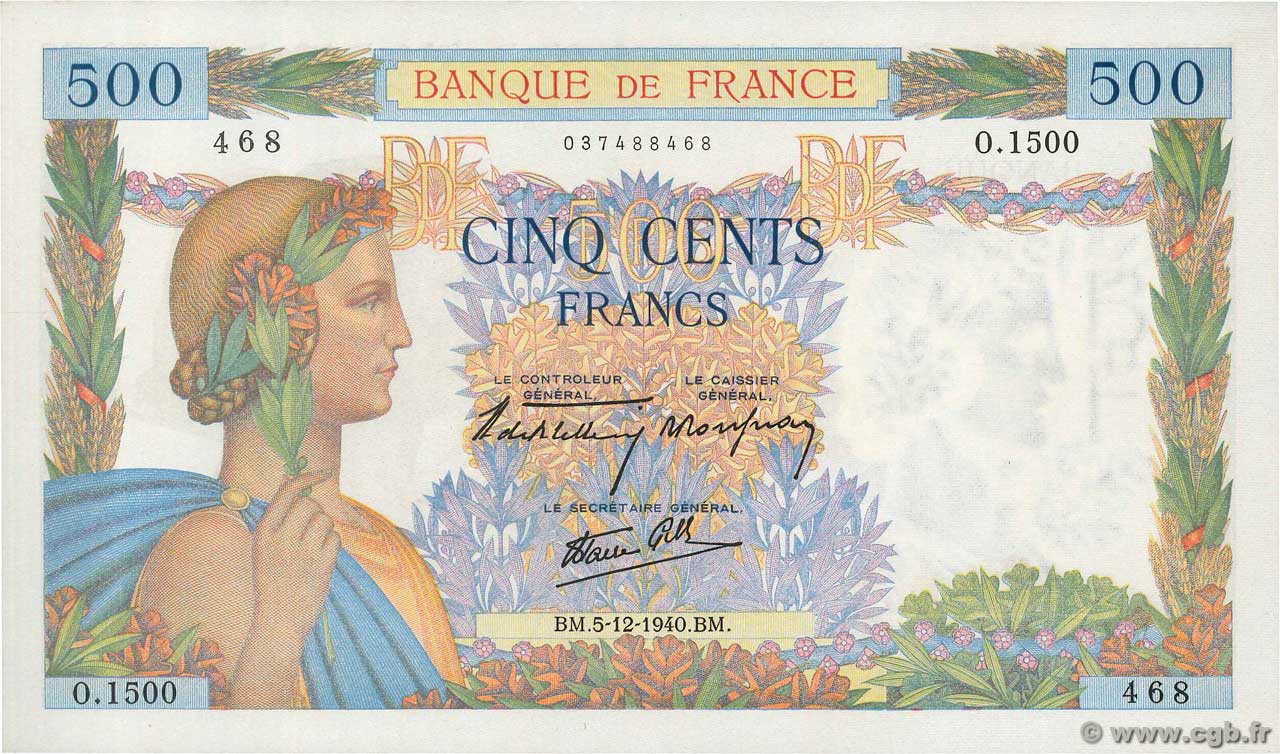 500 Francs LA PAIX FRANCE  1940 F.32.10 NEUF