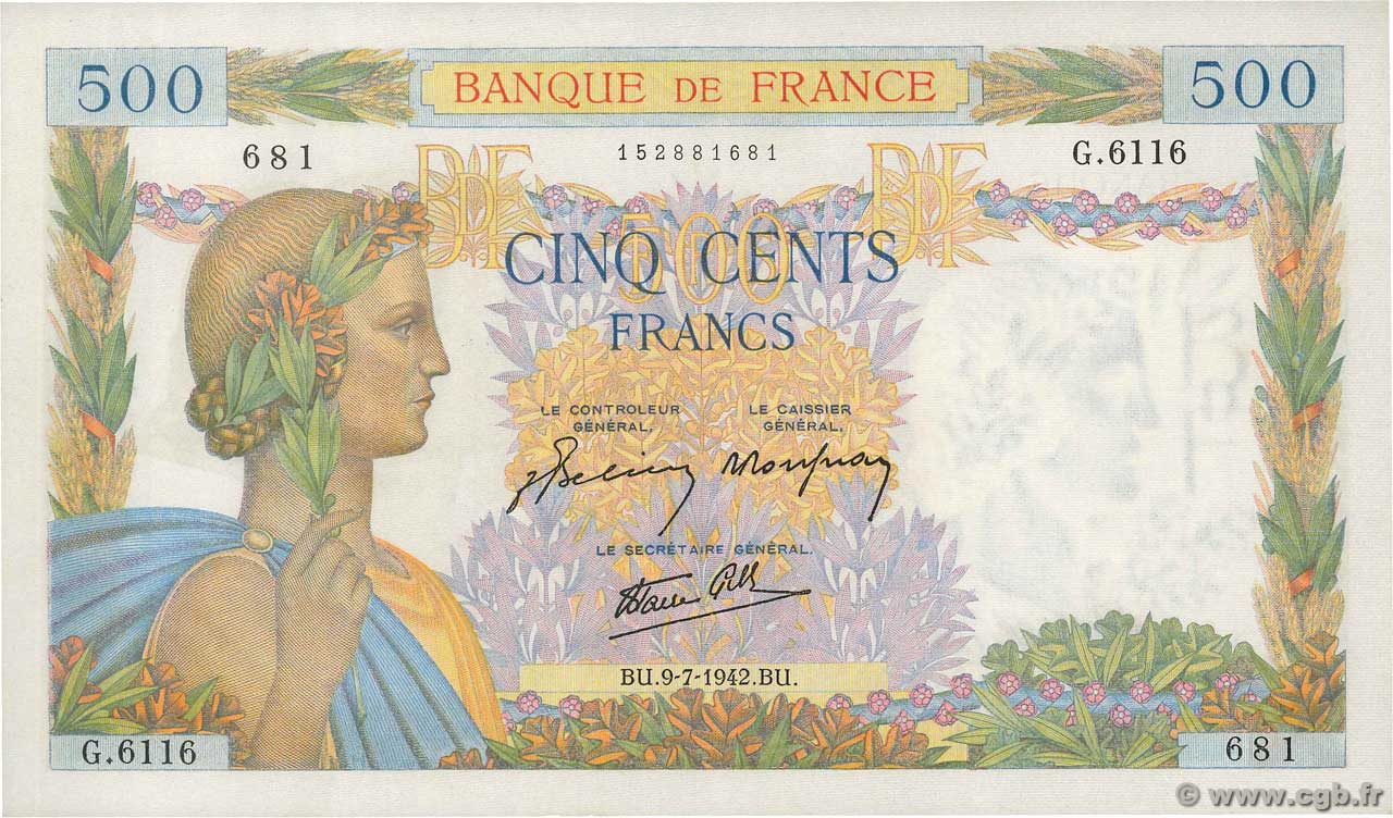 500 Francs LA PAIX FRANCIA  1942 F.32.36 FDC