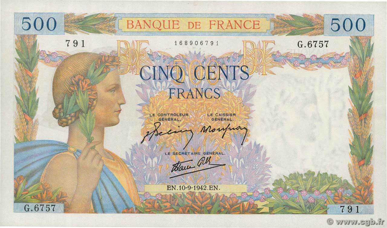 500 Francs LA PAIX FRANCE  1942 F.32.40 UNC