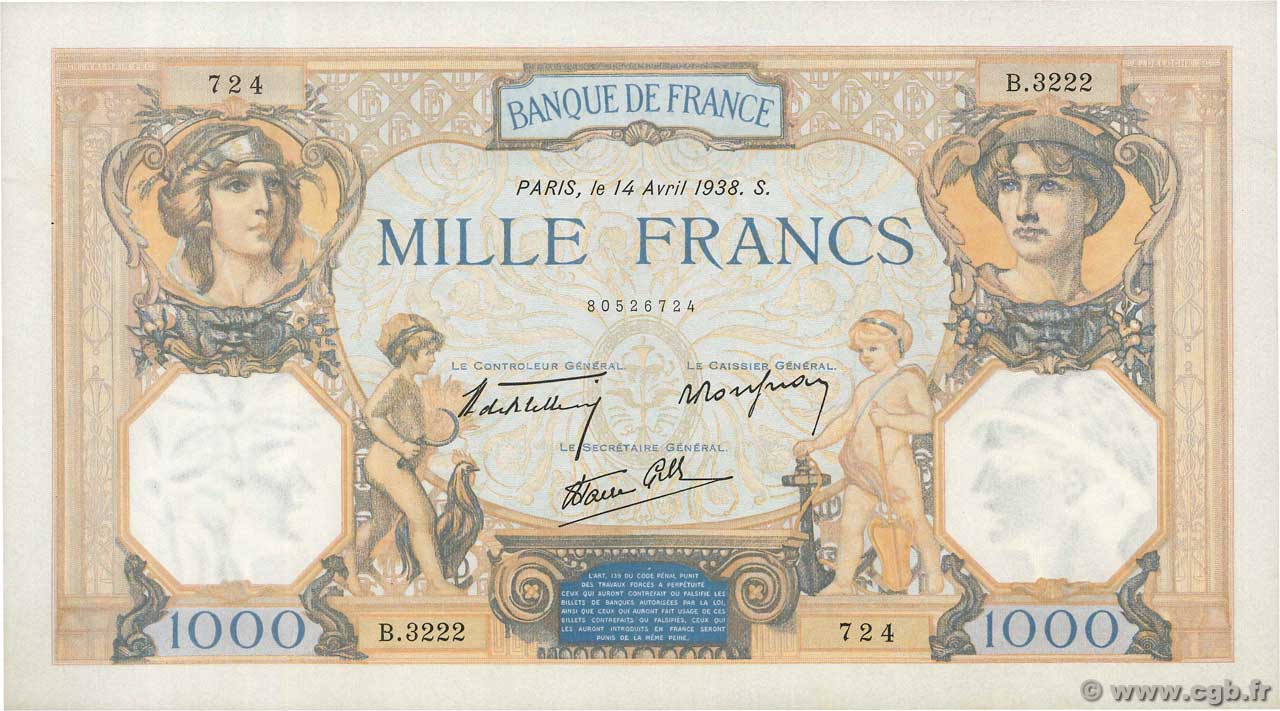1000 Francs CÉRÈS ET MERCURE type modifié FRANCE  1938 F.38.11 pr.SPL