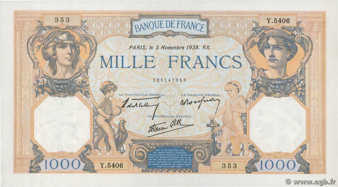 1000 Francs CÉRÈS ET MERCURE type modifié FRANCE  1938 F.38.32 UNC-