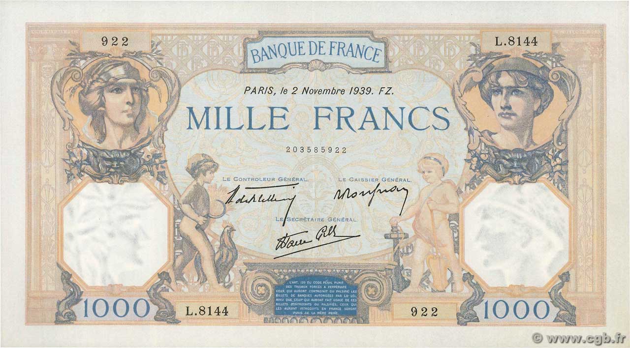 1000 Francs CÉRÈS ET MERCURE type modifié FRANCE  1939 F.38.38 AU