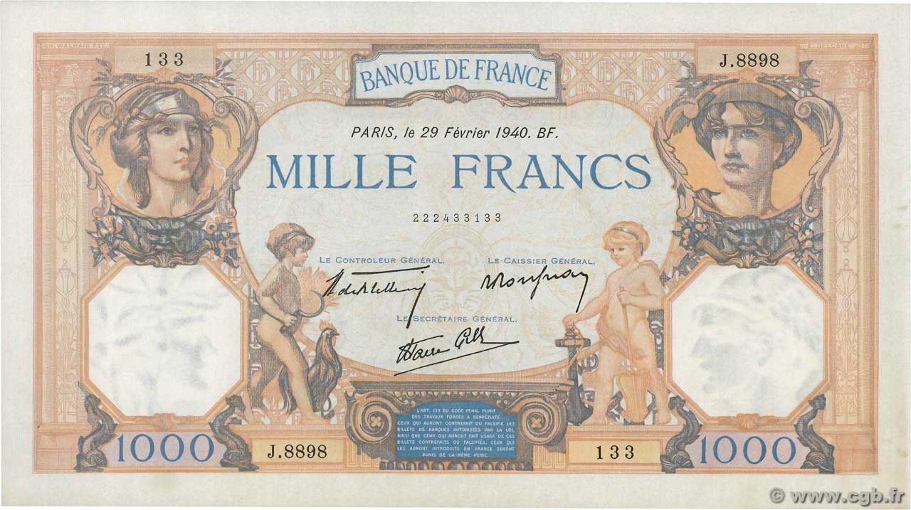 1000 Francs CÉRÈS ET MERCURE type modifié FRANKREICH  1940 F.38.43 fST