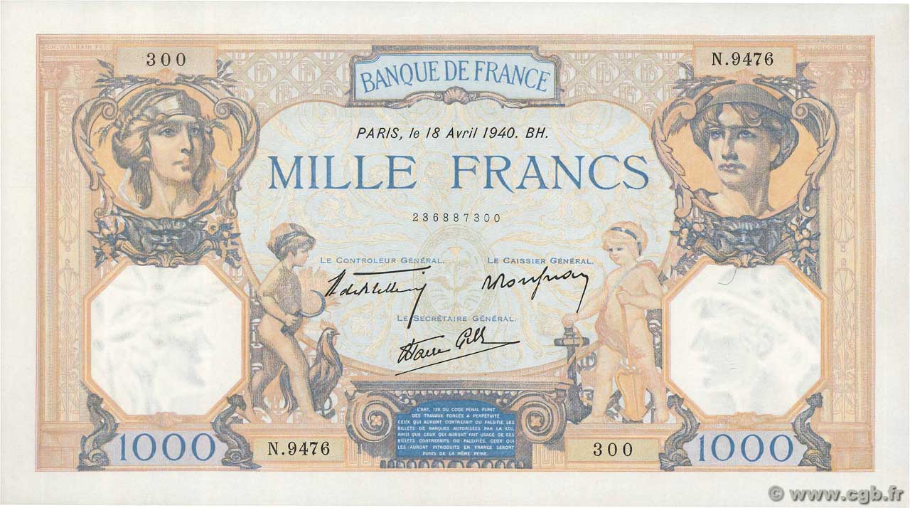 1000 Francs CÉRÈS ET MERCURE type modifié FRANCE  1940 F.38.46 SPL+