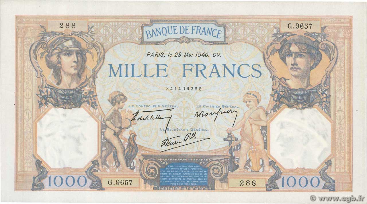 1000 Francs CÉRÈS ET MERCURE type modifié FRANCE  1940 F.38.47 SPL