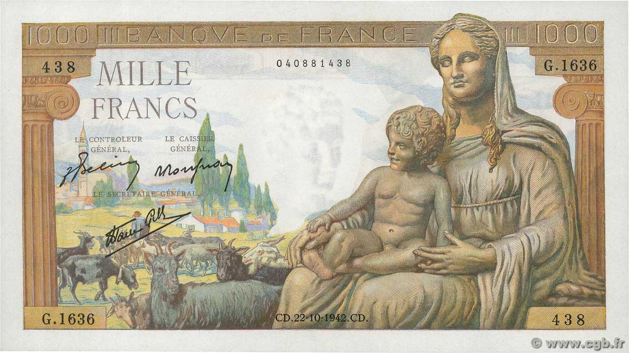 1000 Francs DÉESSE DÉMÉTER FRANKREICH  1942 F.40.09 ST