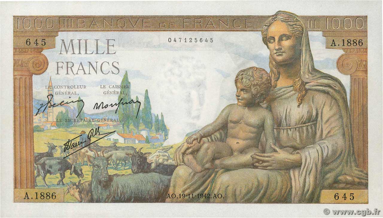 1000 Francs DÉESSE DÉMÉTER FRANCIA  1942 F.40.11 FDC