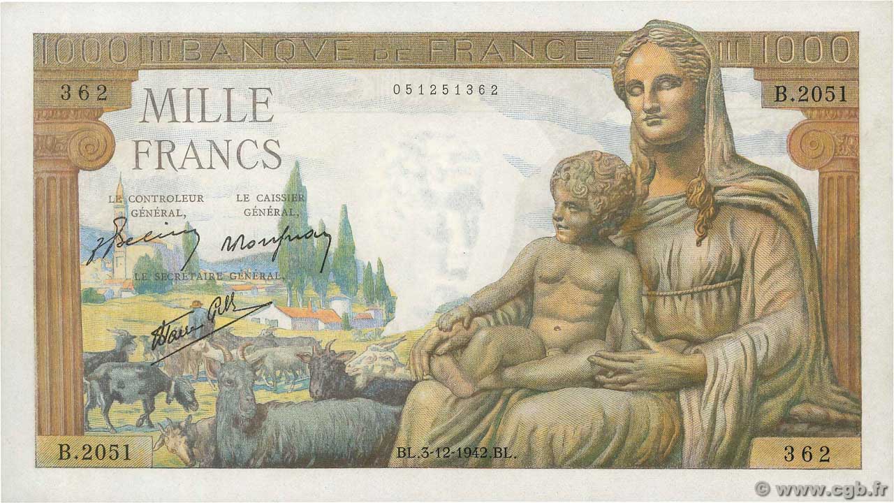 1000 Francs DÉESSE DÉMÉTER FRANCE  1942 F.40.12 AU