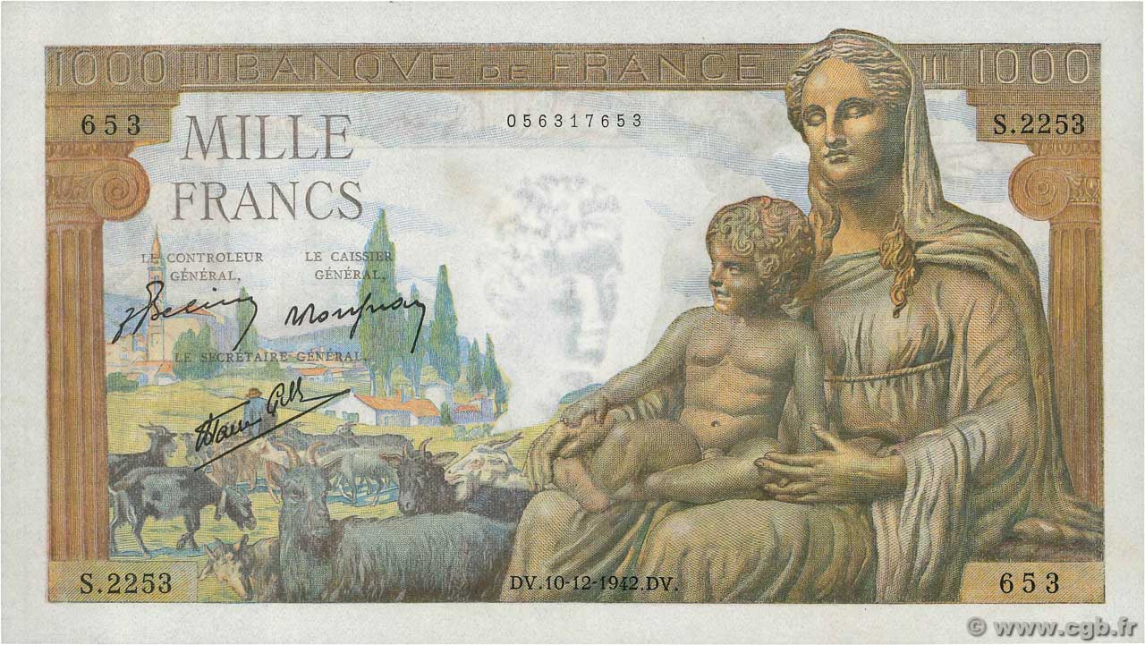 1000 Francs DÉESSE DÉMÉTER FRANCE  1942 F.40.13 NEUF