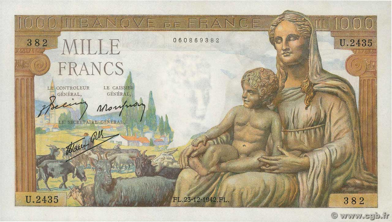 1000 Francs DÉESSE DÉMÉTER FRANCE  1942 F.40.14 UNC