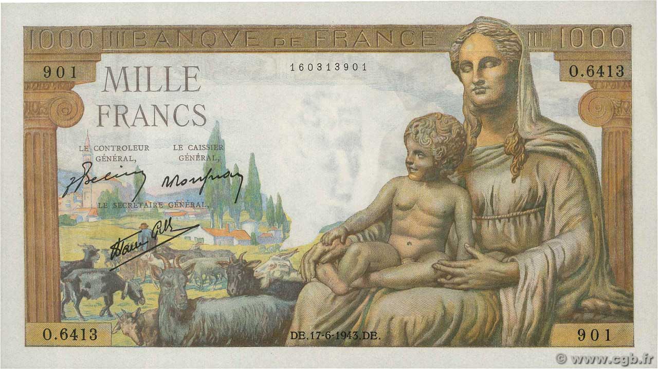1000 Francs DÉESSE DÉMÉTER FRANCIA  1943 F.40.27 FDC