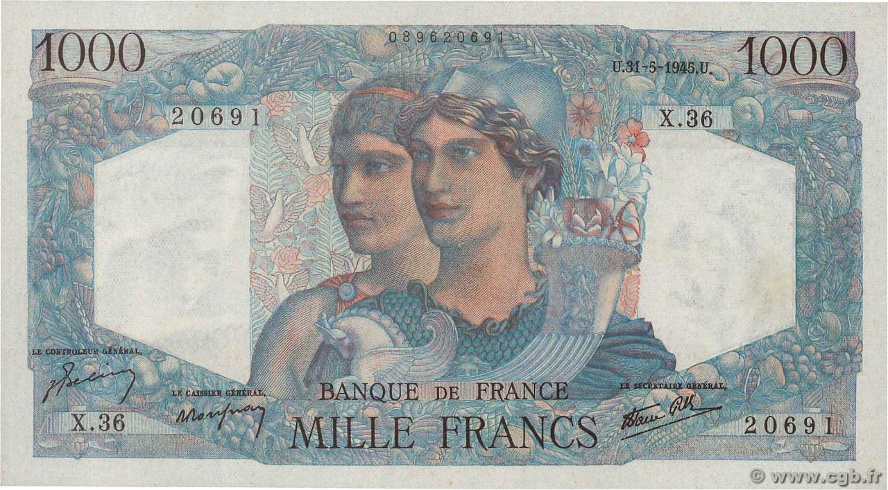 1000 Francs MINERVE ET HERCULE FRANCE  1945 F.41.03 UNC