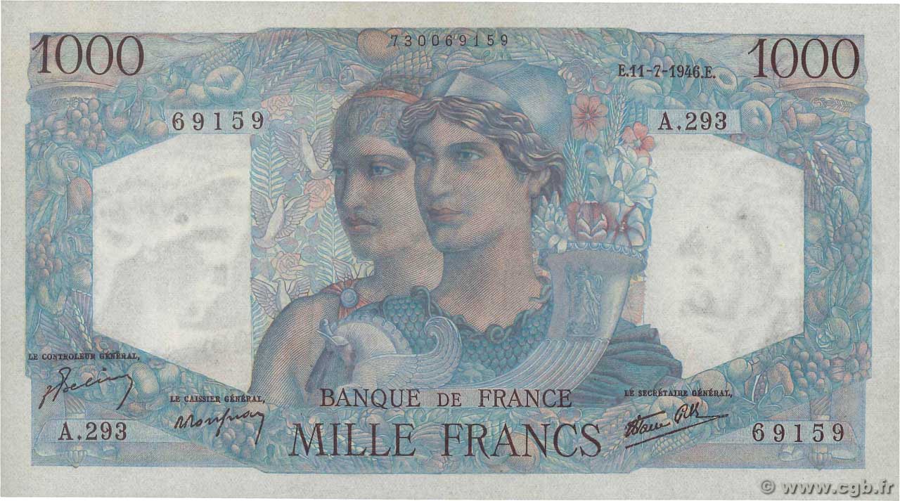 1000 Francs MINERVE ET HERCULE FRANKREICH  1946 F.41.15 fST+