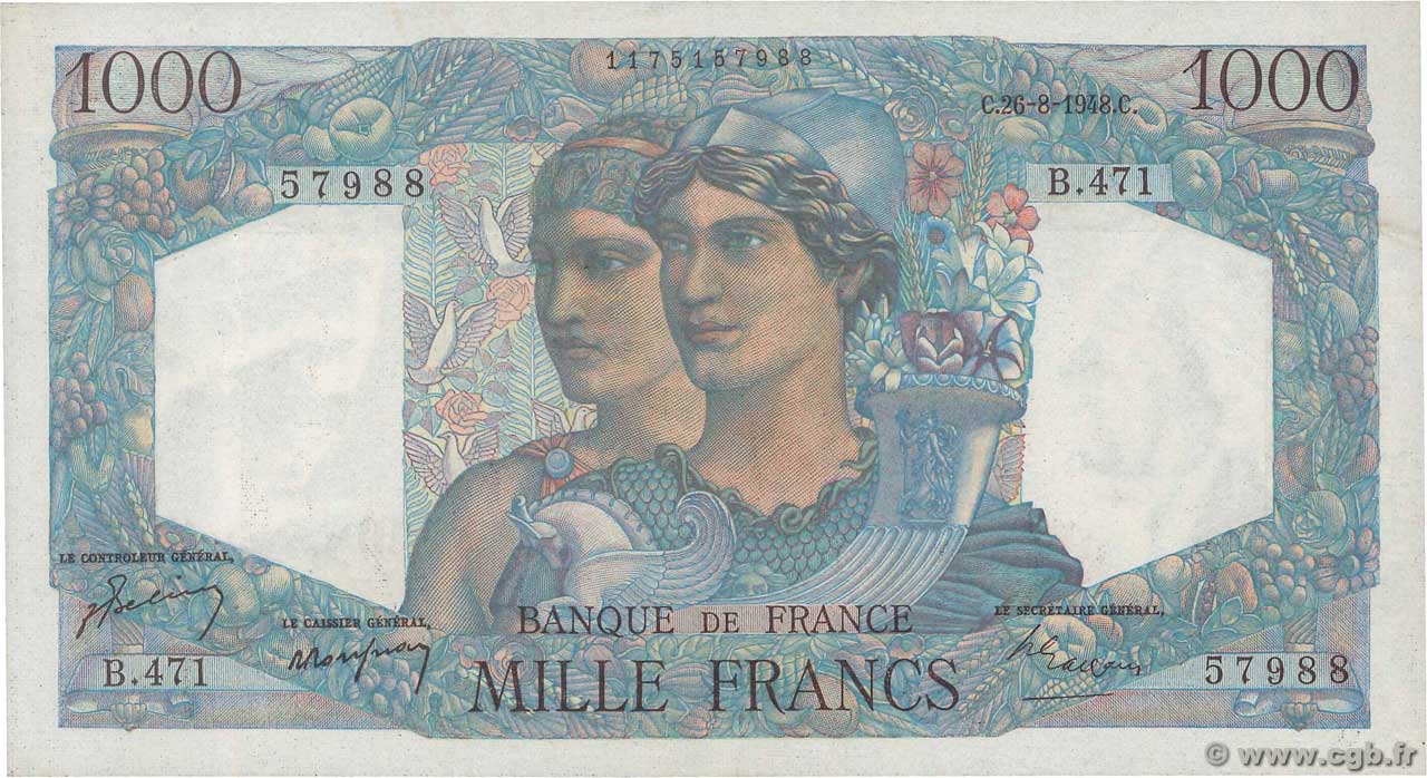 1000 Francs MINERVE ET HERCULE FRANCIA  1948 F.41.23 q.FDC
