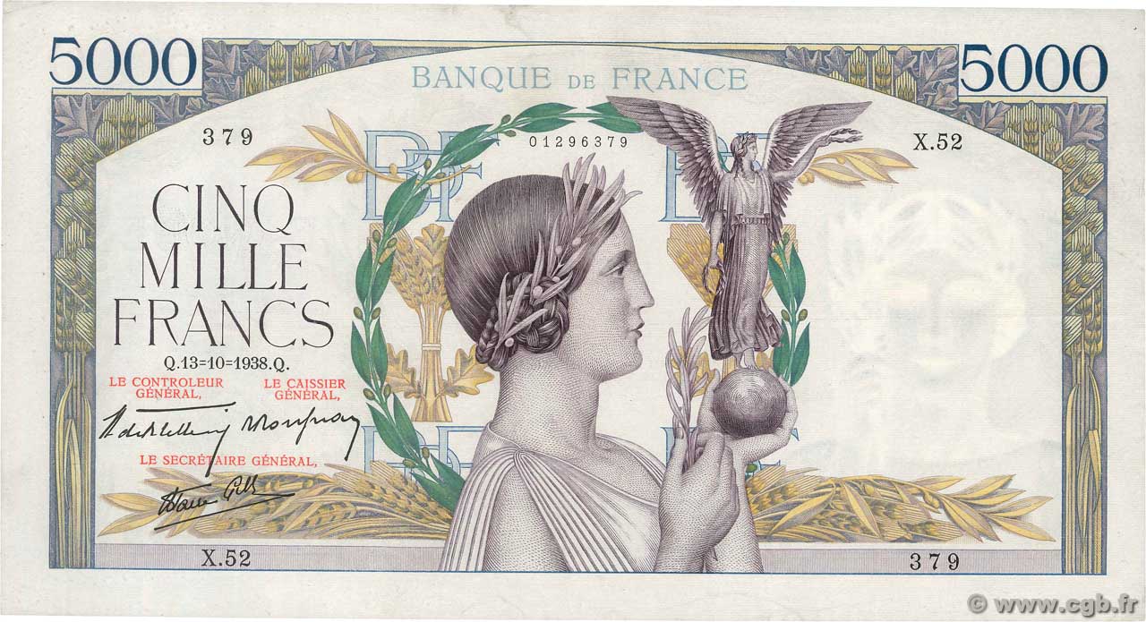 5000 Francs VICTOIRE modifié, taille douce FRANCIA  1938 F.45.01 BB