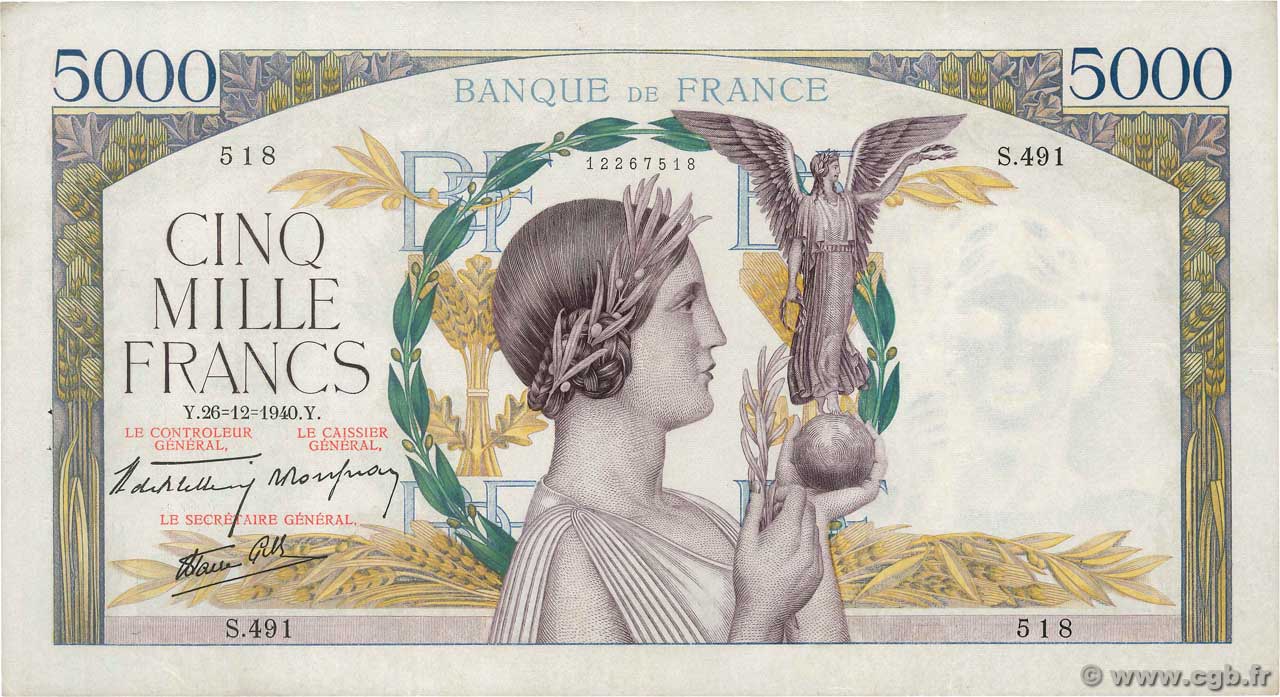 5000 Francs VICTOIRE Impression à plat FRANCE  1940 F.46.18 XF-