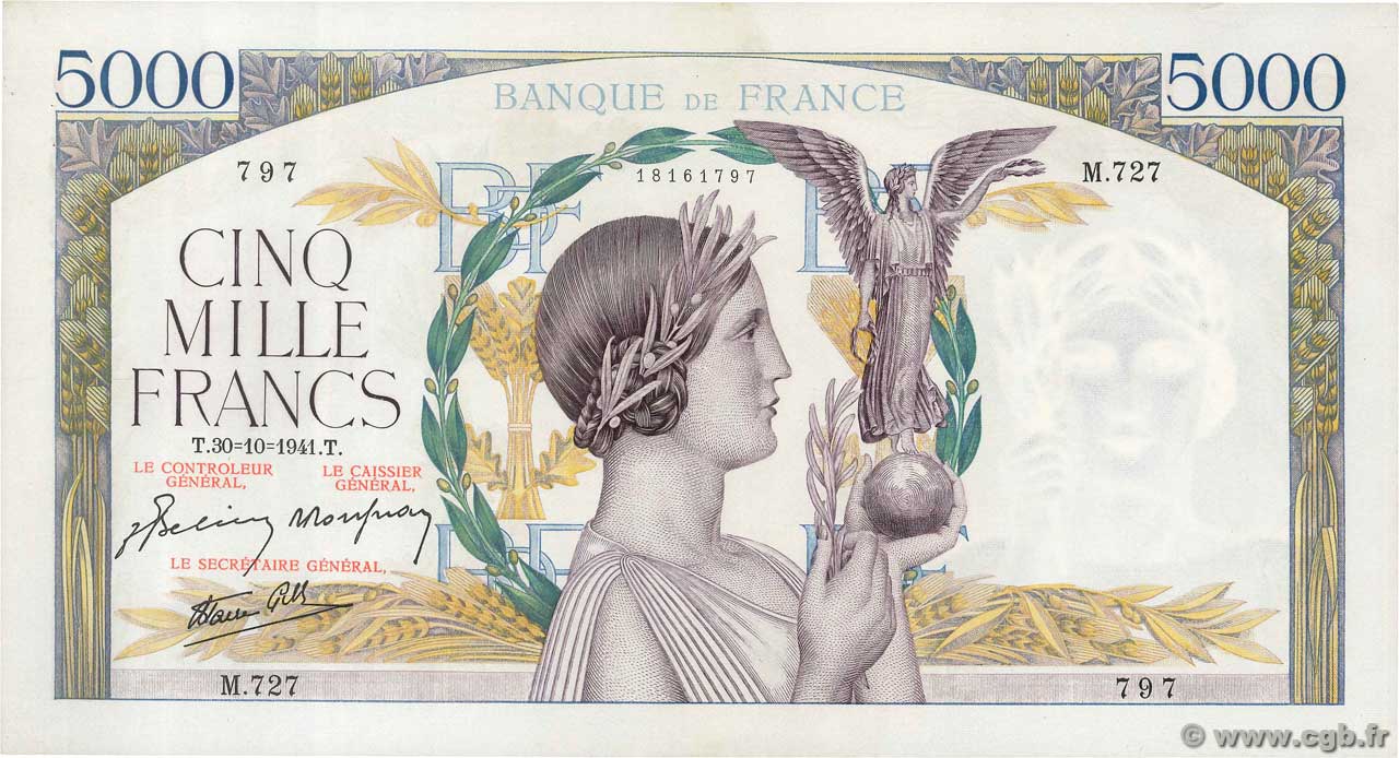 5000 Francs VICTOIRE Impression à plat FRANCIA  1941 F.46.28 q.AU