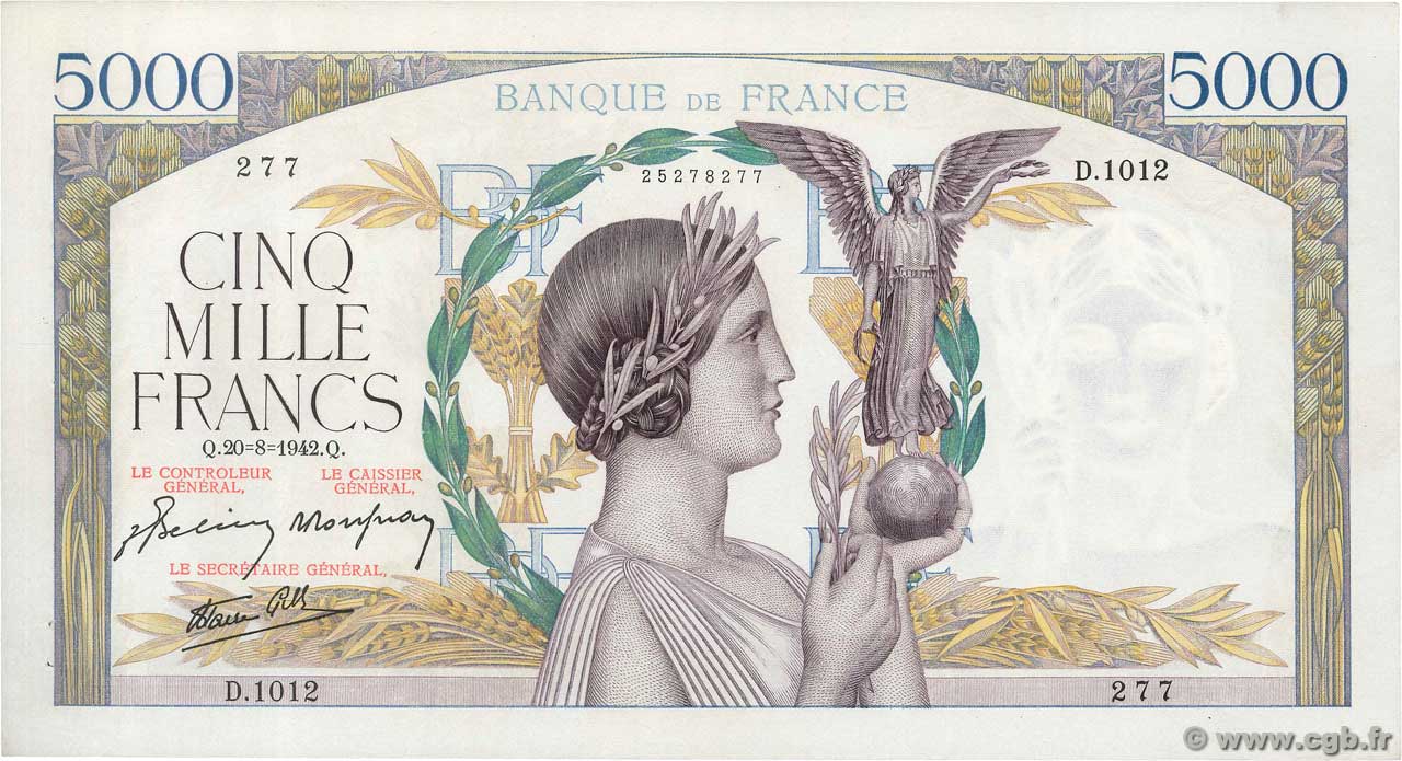 5000 Francs VICTOIRE Impression à plat FRANKREICH  1942 F.46.40 VZ+