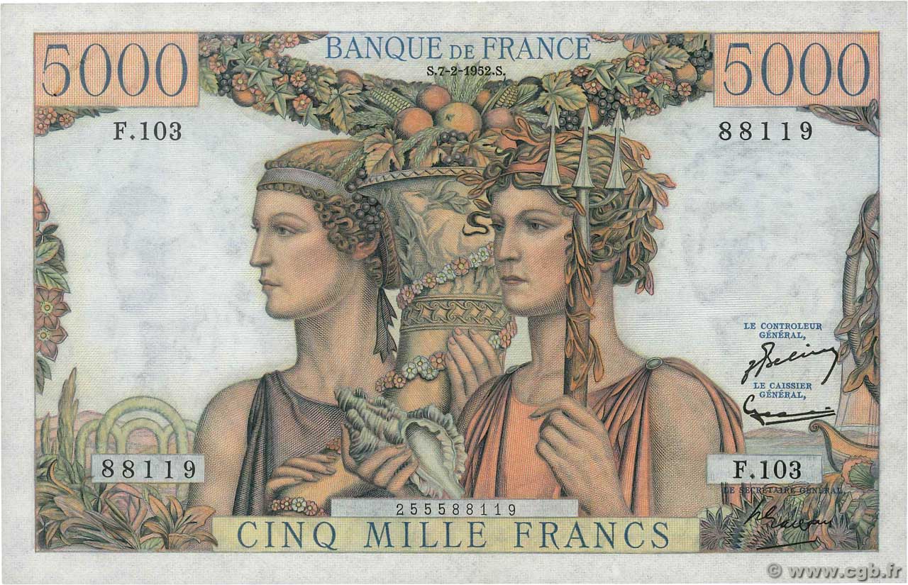 5000 Francs TERRE ET MER FRANCE  1952 F.48.06 XF+