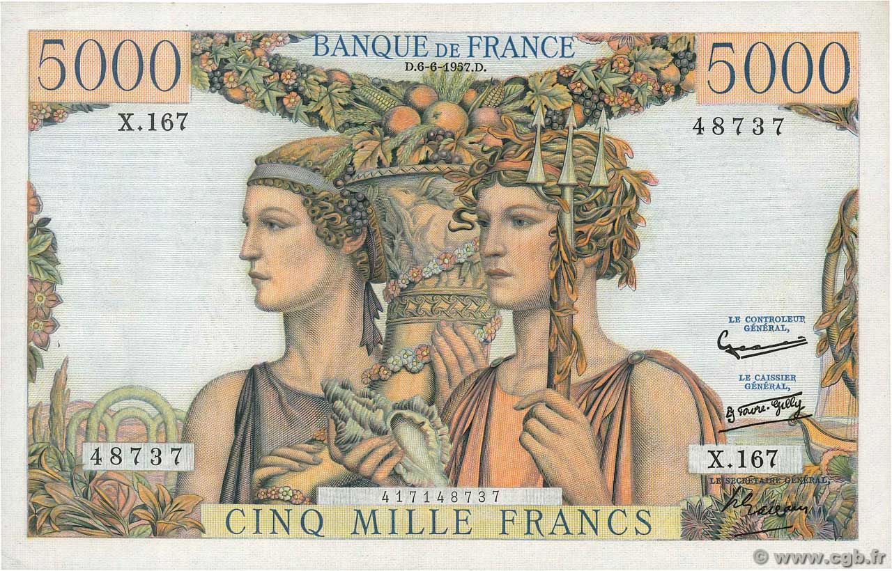 5000 Francs TERRE ET MER FRANCIA  1957 F.48.15 EBC