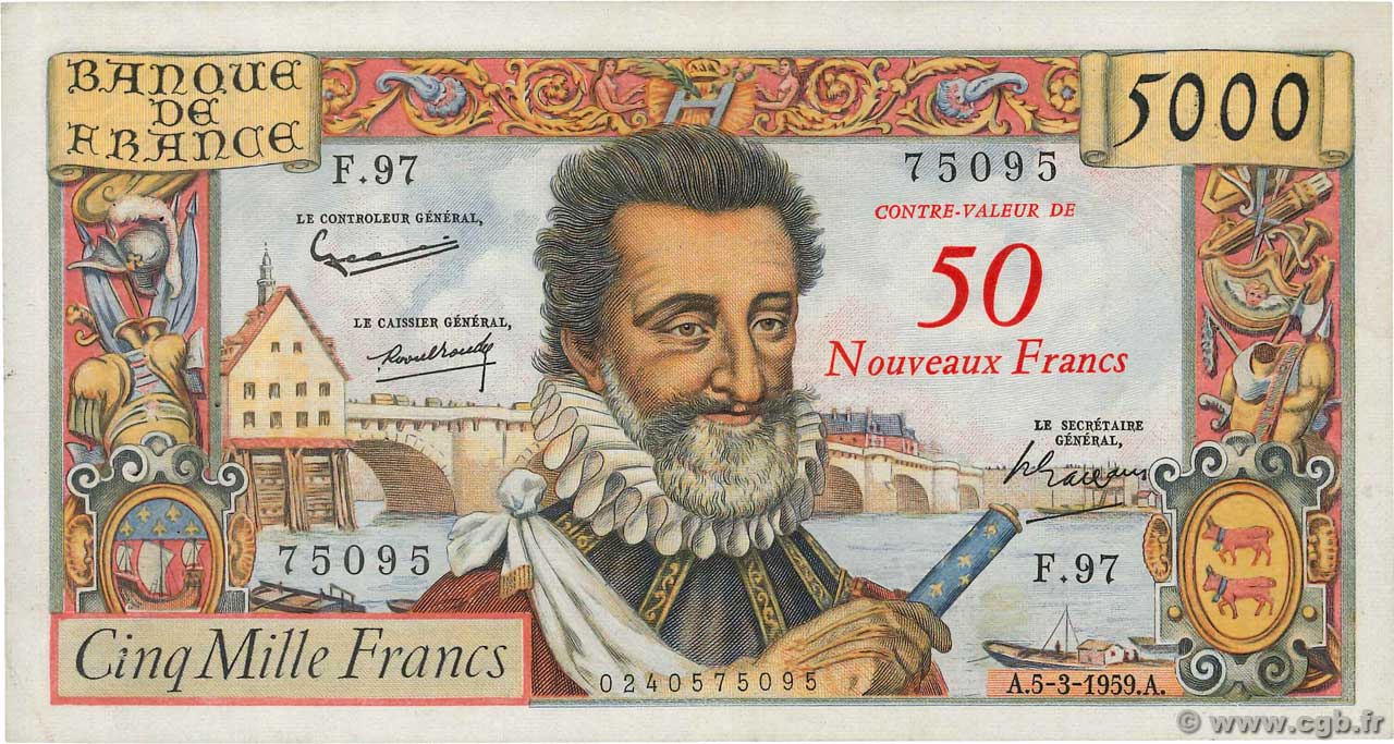 50 NF sur 5000 Francs HENRI IV FRANKREICH  1959 F.54.02 SS