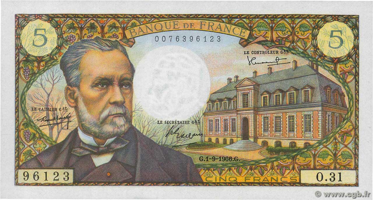 5 Francs PASTEUR FRANCE  1966 F.61.03 UNC