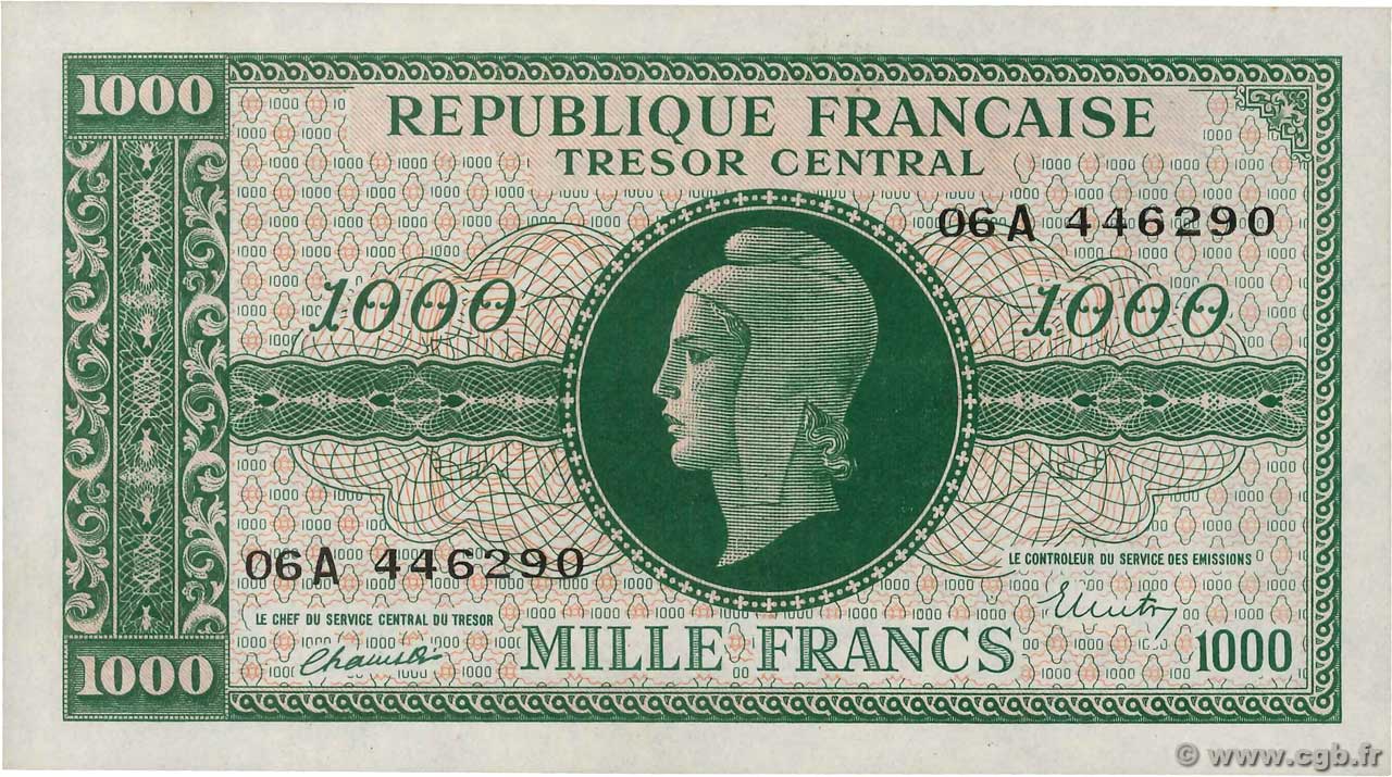 1000 Francs MARIANNE BANQUE D ANGLETERRE FRANCIA  1945 VF.12.01 q.FDC