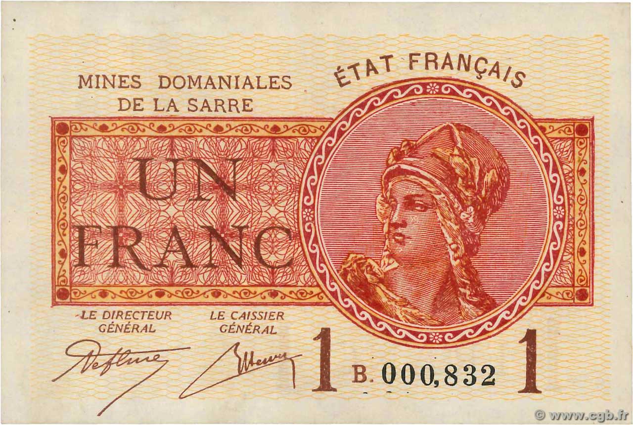 1 Franc MINES DOMANIALES DE LA SARRE FRANCIA  1919 VF.51.02 SC